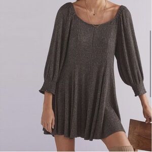 Anthropologie Daily Practice Ribbed Grey Mini Sweater Dress Puff Sleeves Boho